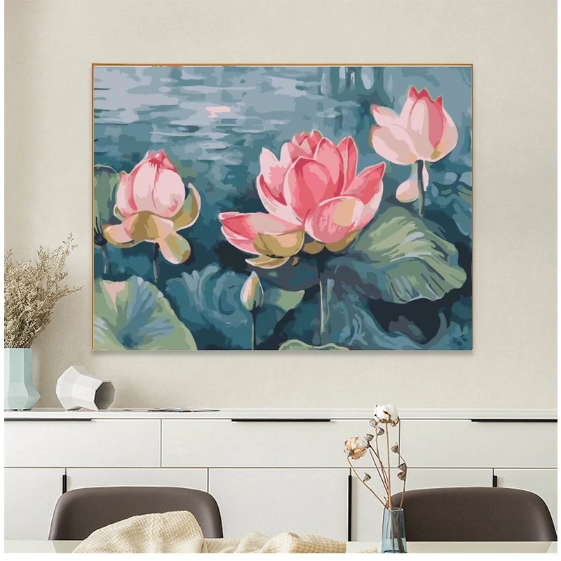 出水芙蓉十字绣新款印花线绣荷花莲花客厅卧室玄关沙发背景墙