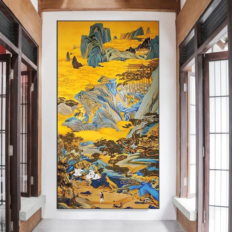 竖版桃源仙境十字绣新款玄关古典风景中式刺绣竖版玄关满绣48色