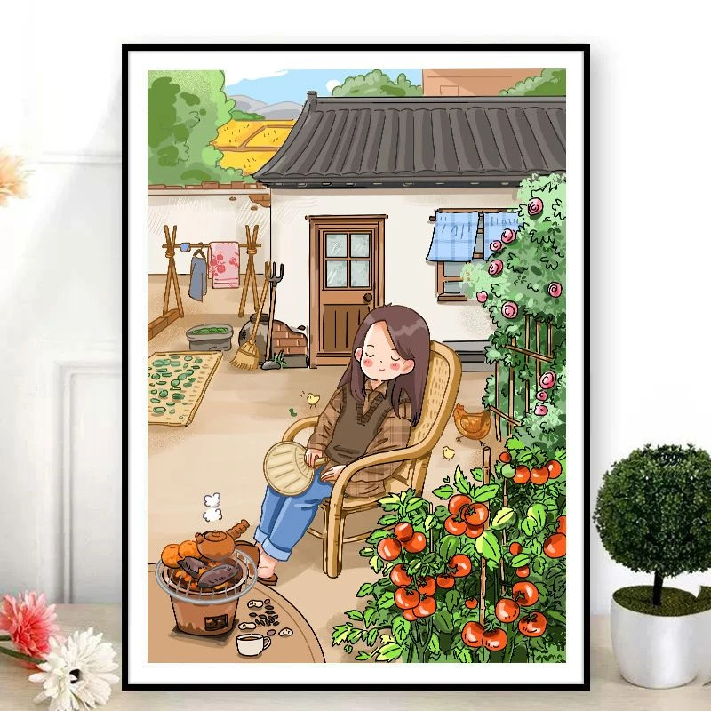 乡村小院十字绣新款线绣简单印花小幅自己绣女孩客厅卧室田园满绣