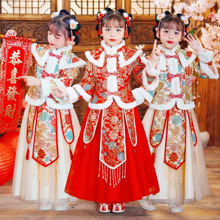 女童拜年服儿童装新款加绒加厚中国风新年装过年套装女孩唐装汉服