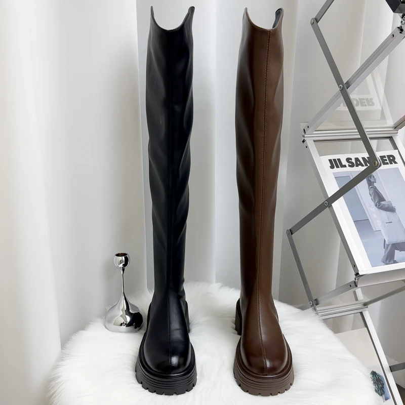 过膝长靴女厚底增高V口长筒女靴子后拉链加绒保暖瘦瘦靴骑士靴女