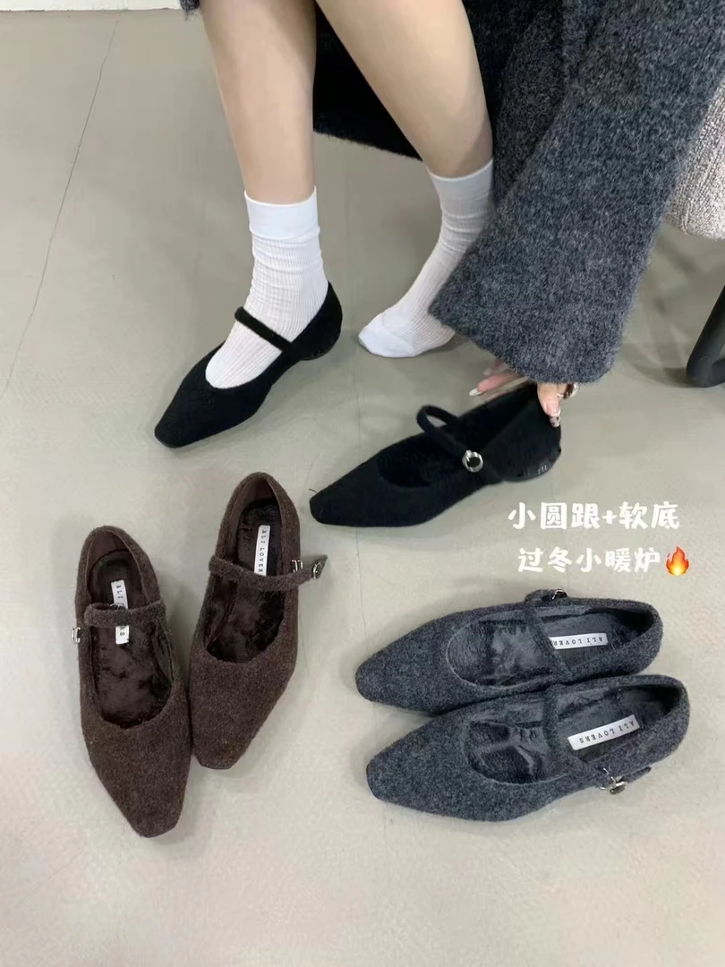 梦梦家/Q 9911-3A 秋冬氛围感粗毛呢玛丽珍鞋法式气质加绒毛毛鞋