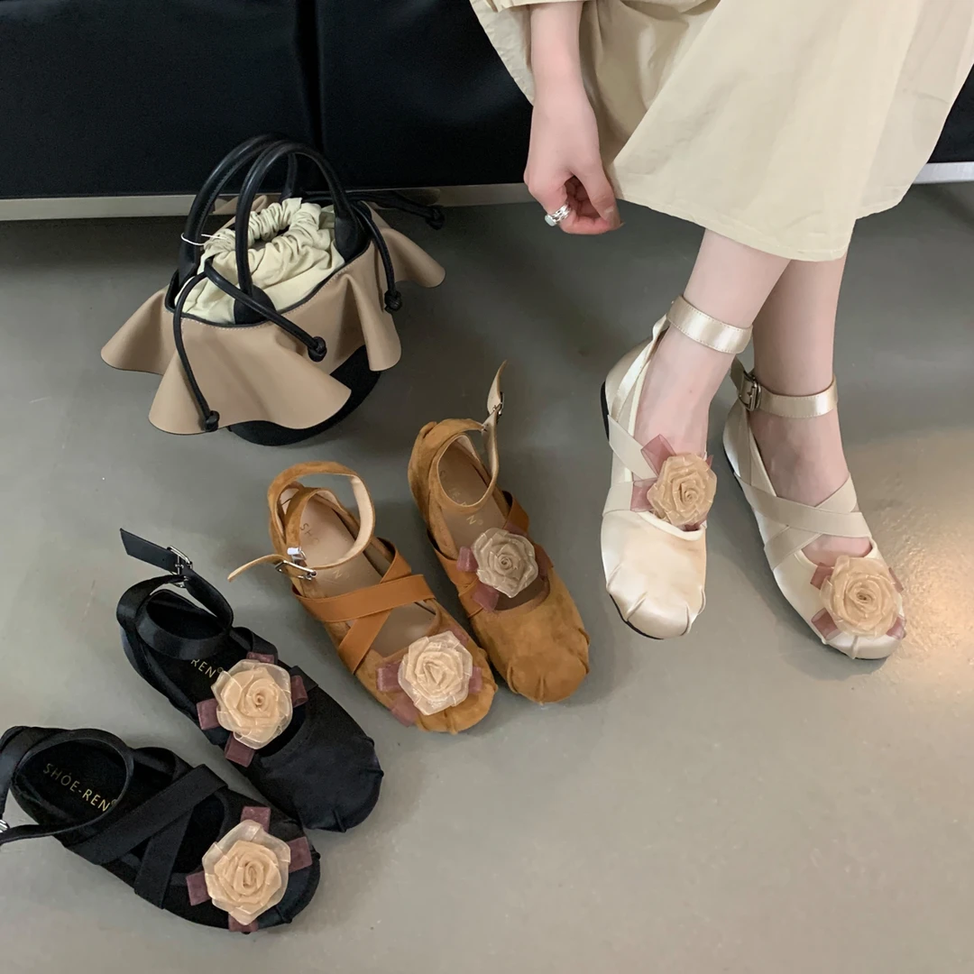 XYR 1415-6 复古花朵芭蕾舞鞋2024交叉扣带单鞋女晚风温柔内增高
