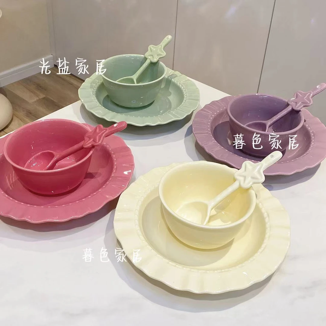 【3件套】家用陶瓷草帽盘粉边早餐一人食套装精致碗盘勺餐具套装