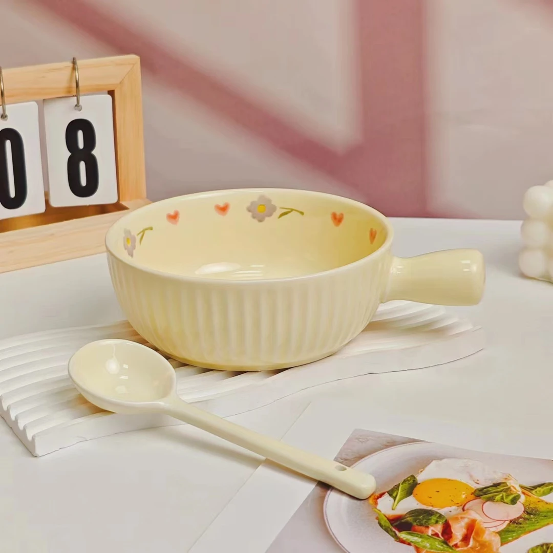 【手柄碗+勺】奶油风紫藤花手把碗少女心汤碗勺陶瓷餐具家用釉下彩