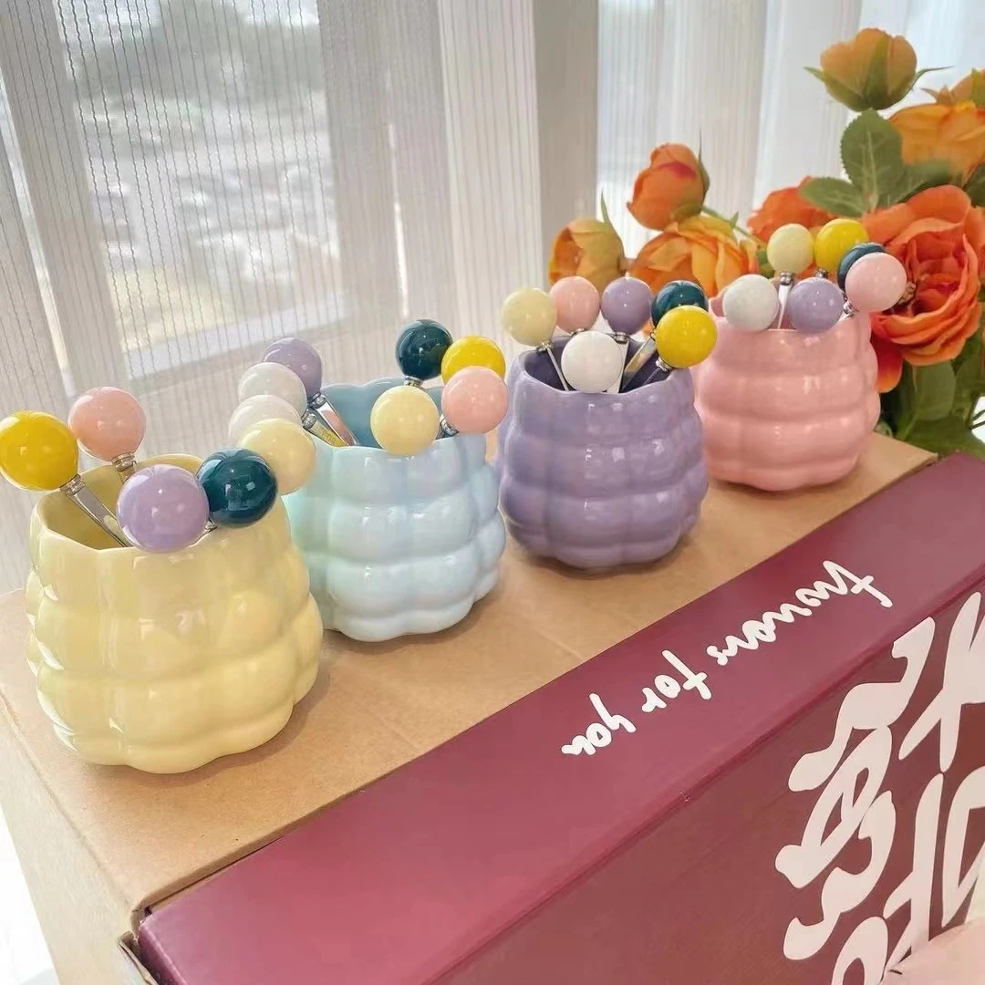 304【收纳罐+6叉】奶油风收纳罐叉子陶瓷少女心高颜值水果叉瓶罐