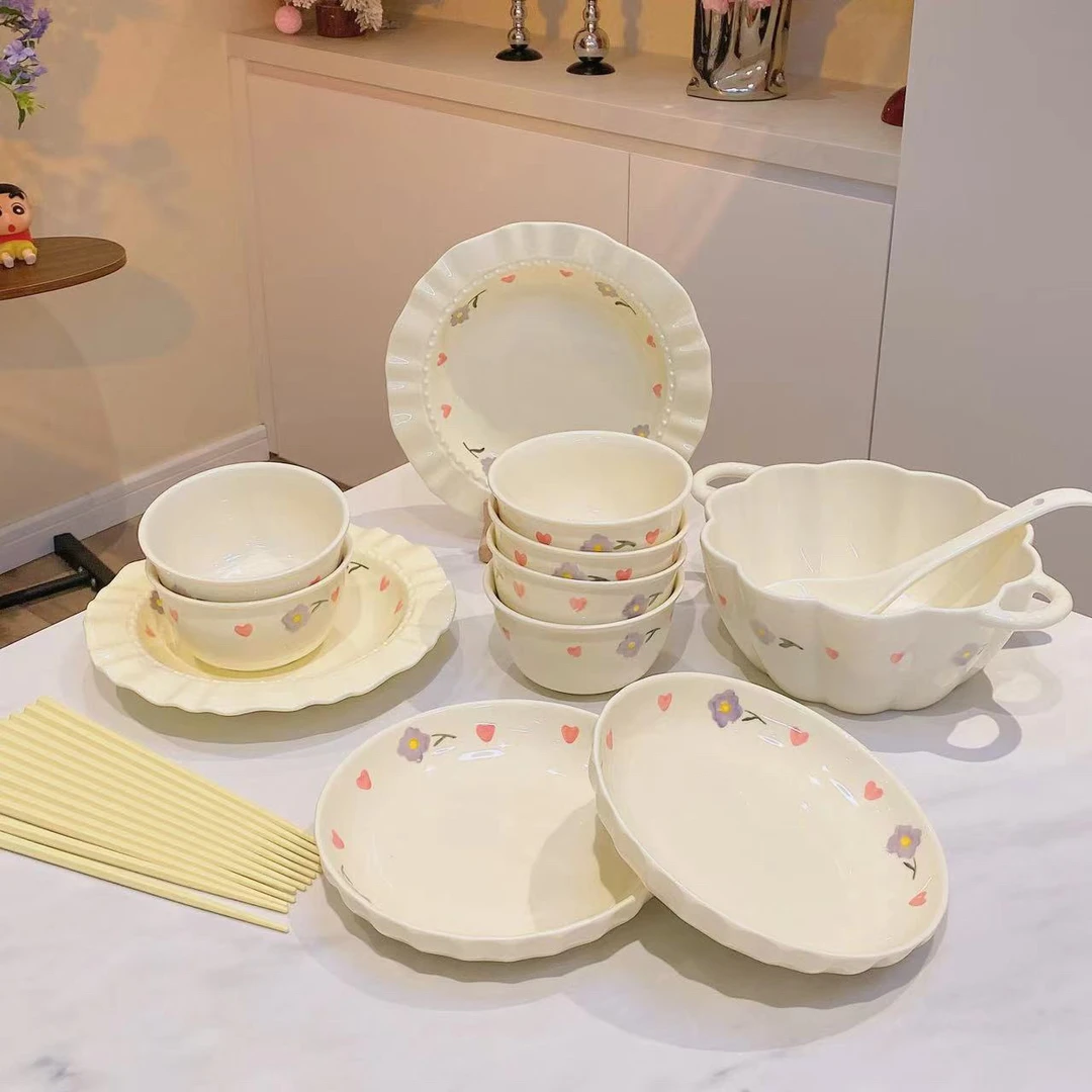 【大汤碗18件套】奶油风碗盘米饭碗圆盘深盘紫藤花套装陶瓷餐具碗勺