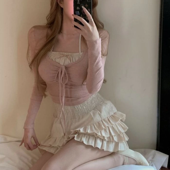 假两件甜辣妹长袖T恤女2023秋季芭蕾风粉色紧身修身短款别致上衣