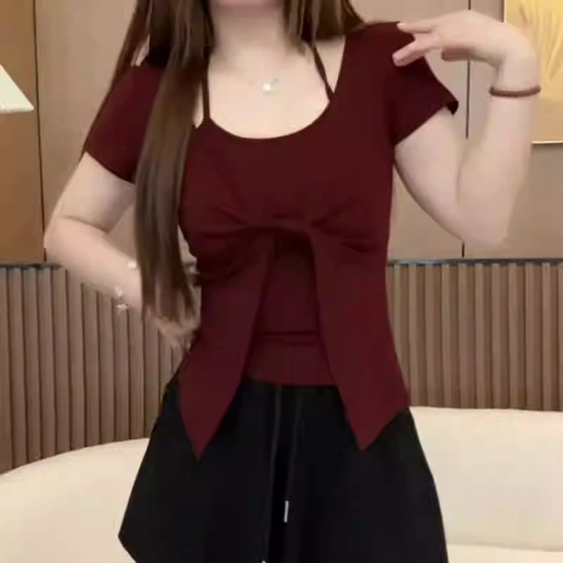 假两件挂脖短袖t恤夏季胖mm显瘦遮肚子纯欲甜辣上衣