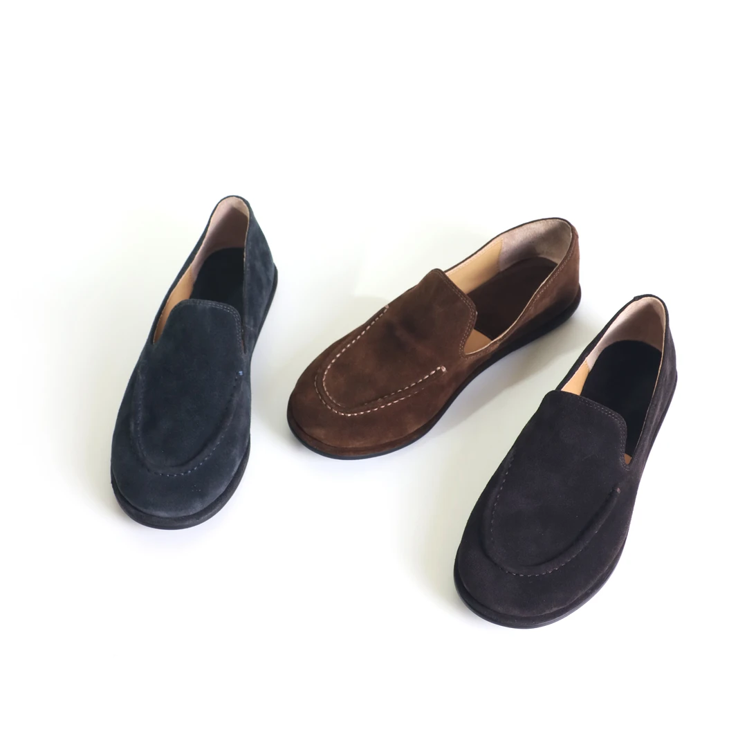 高级感平底牛皮单鞋小众款复古圆头平跟乐福鞋一脚蹬女鞋6817-1