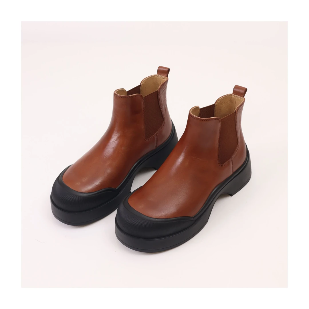 美拉德棕色牛皮厚底切尔西短靴女松糕底女士简约软底靴子8920-1