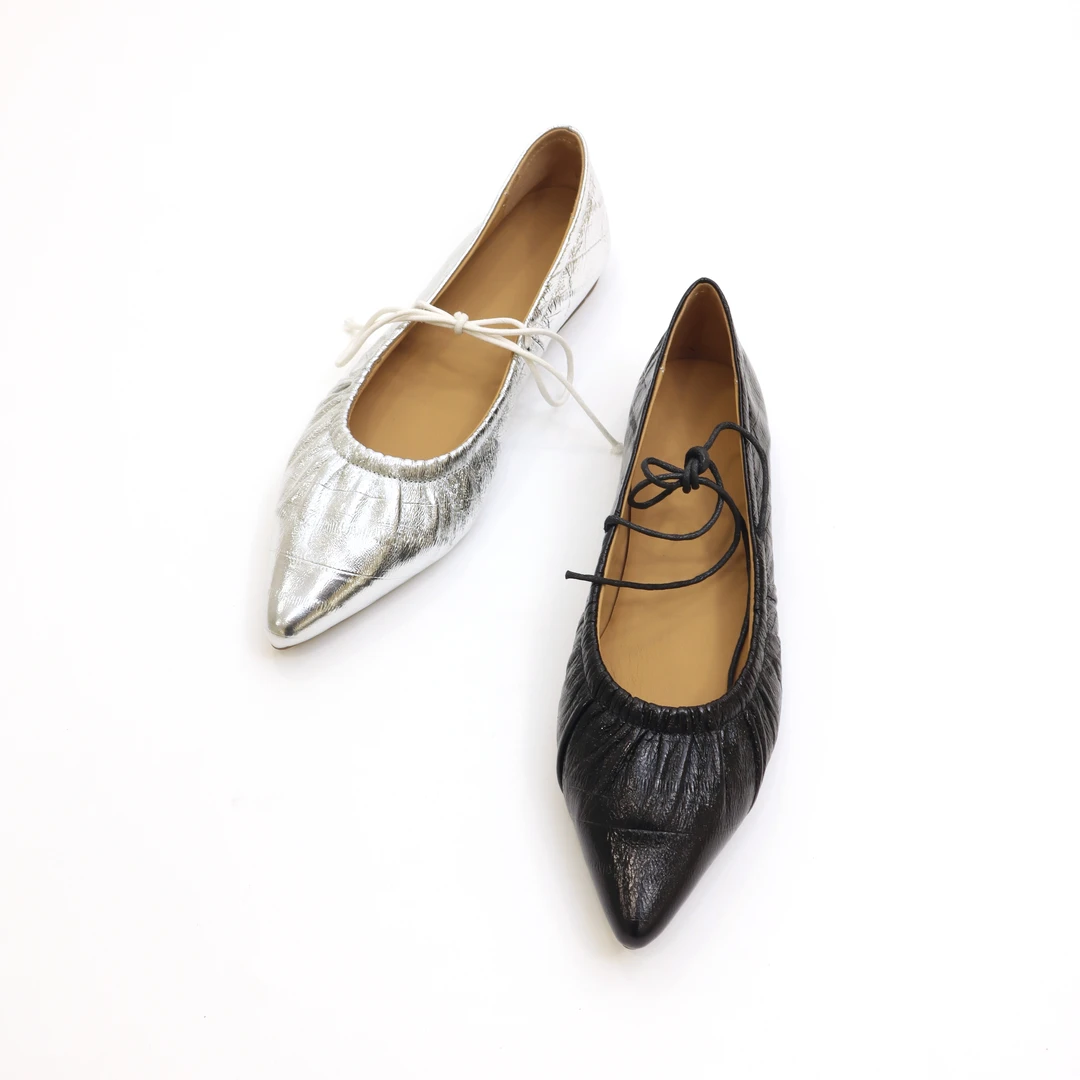 复古尖头休闲平底女鞋羊皮浅口绑带韩版女鞋时尚淑女单鞋300-1