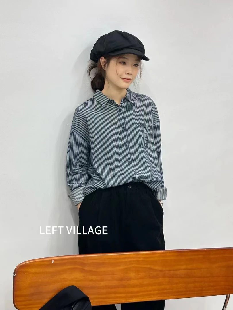 日系长袖百搭韩版条纹复古秋季时尚宽松休闲翻领