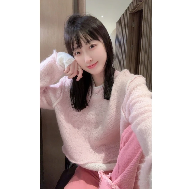 【张静芝】粉白撞色拼接外缝线假两件毛衣