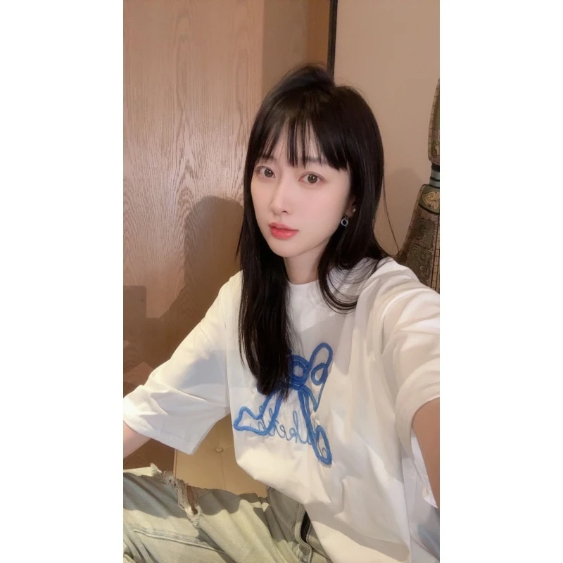 【张静芝】刺绣蓝色蝴蝶结短袖T恤