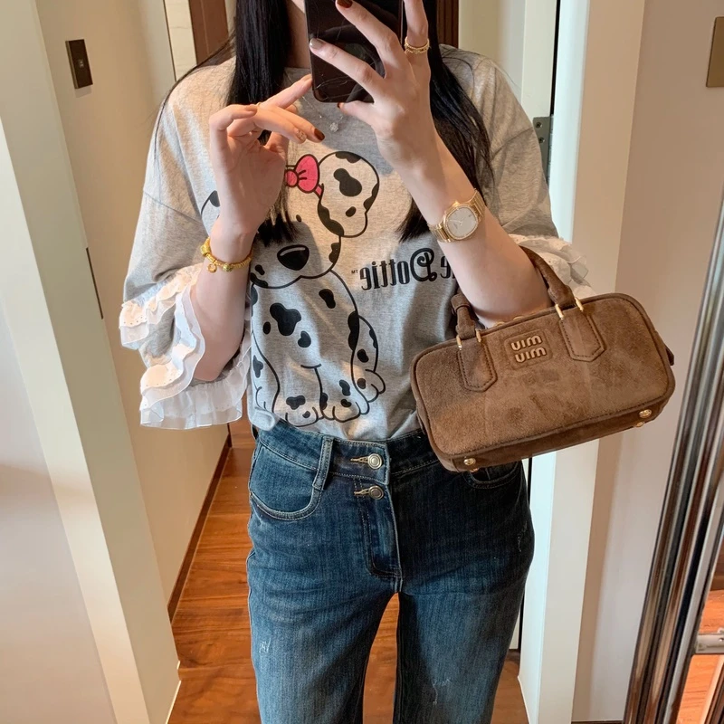 【张静芝】斑点狗木耳网纱边T恤