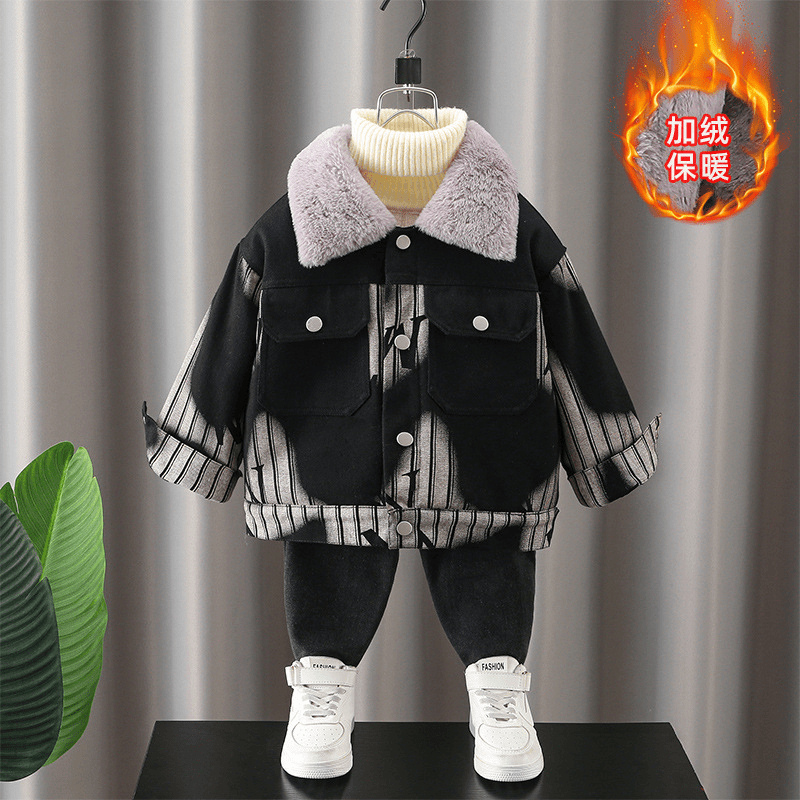 男童加绒牛仔外套2024新款酷帅宝宝秋冬装韩范儿童加厚兔毛棉服潮