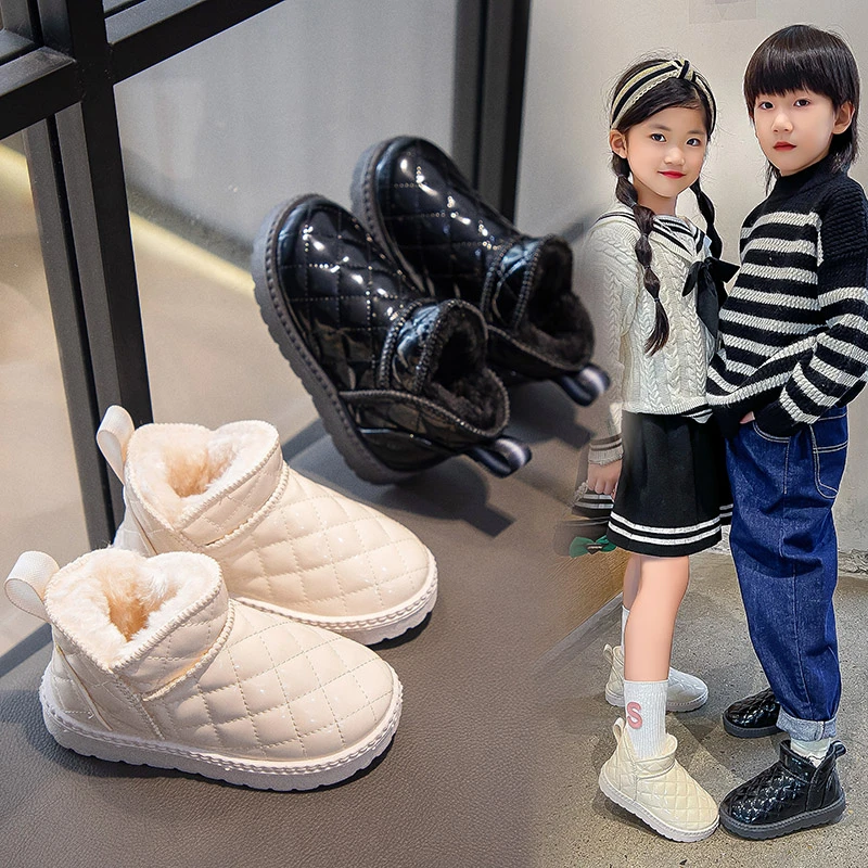 儿童皮面防水雪地靴2025年冬季宝宝男童大棉加厚棉靴女童防滑短靴