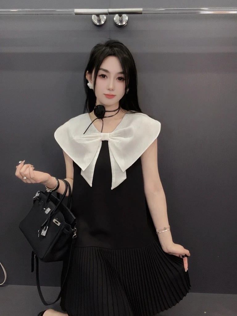 设计感蝴蝶结拼接连衣裙女欧洲站2025夏季新款撞色法式气质小黑裙