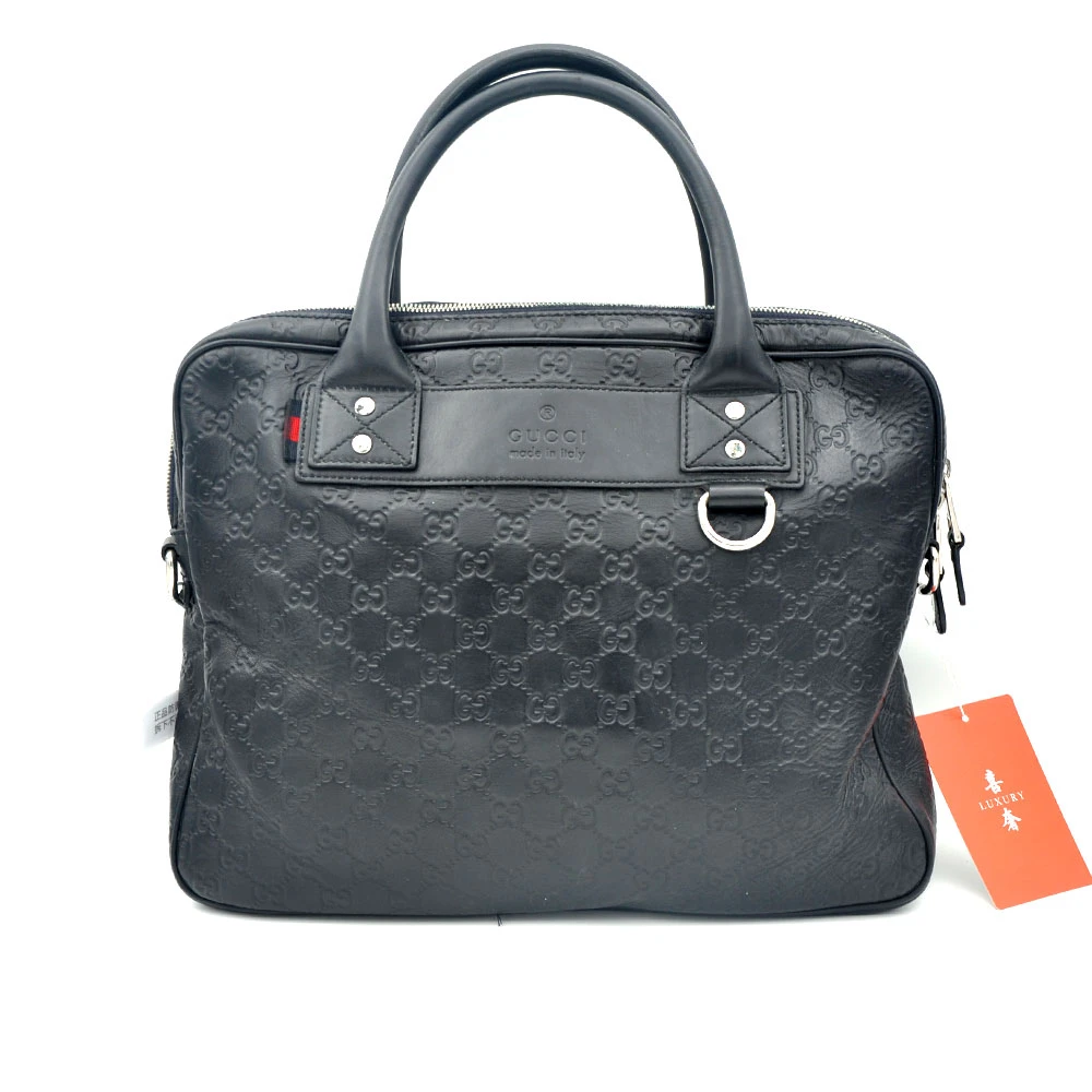 95新 GUCCI/古驰  96新闲置海军蓝全皮老花手提公文包36*27/02147
