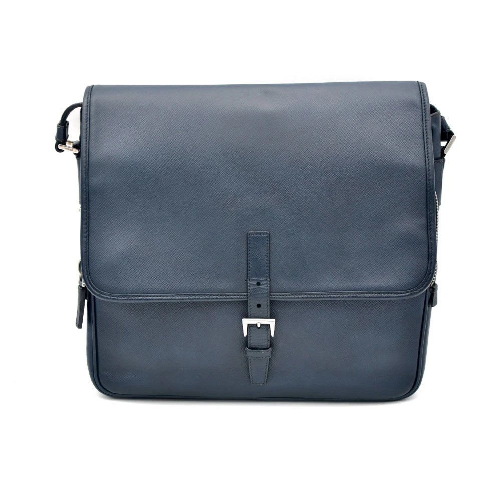95新 Prada/普拉达 97新闲置海军蓝全皮单扣双层邮差包31*30/0675
