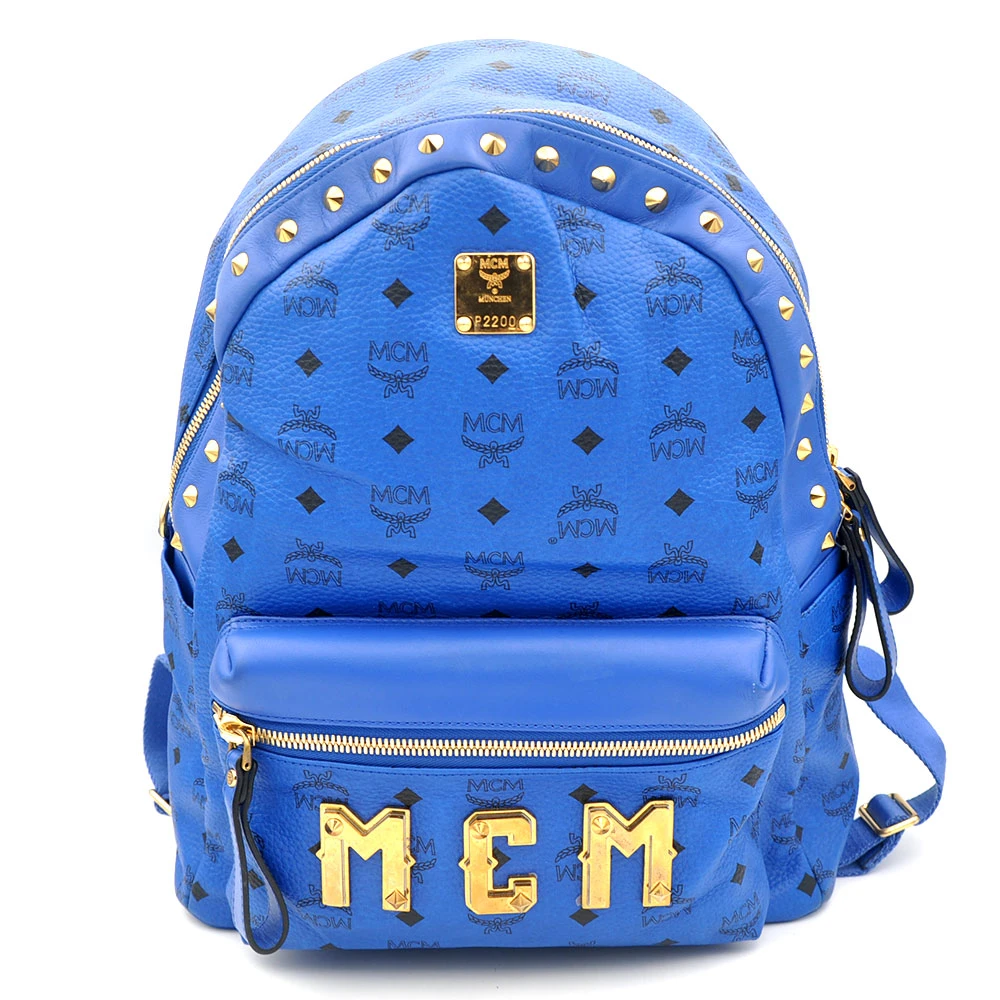 95新 MCM  98新 电光蓝荔枝纹铆钉大logo双肩背包33*40/96919