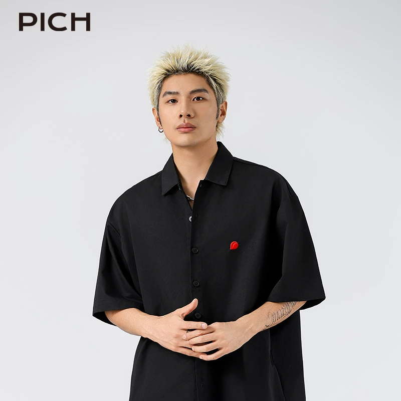 PICH【山止川行】男士经典休闲短袖衬衫夏季潮流时尚纯棉刺绣logo