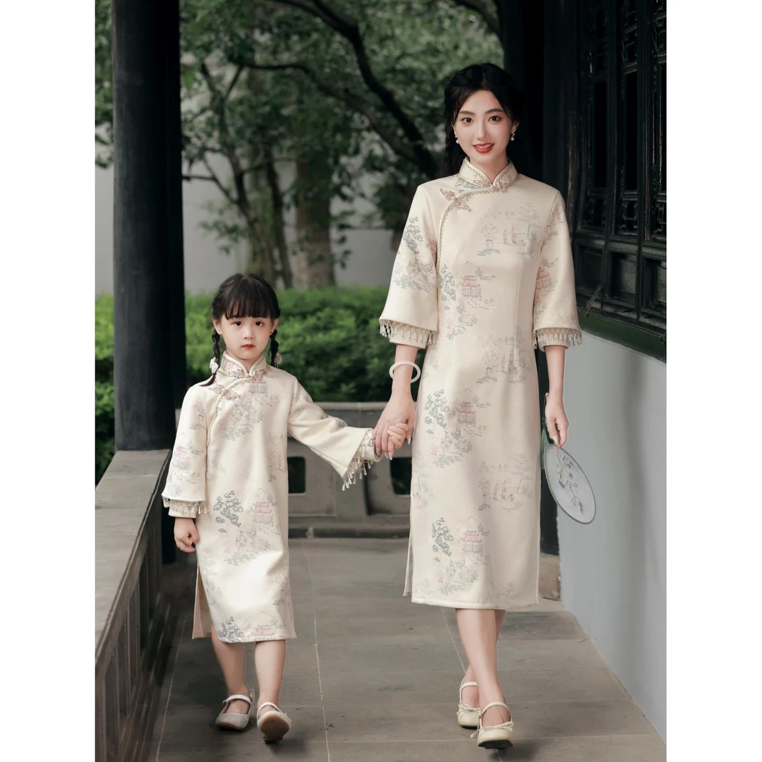 2025爆款旗袍秋季开襟女童改良旗袍中国风母女装演出服文艺气质
