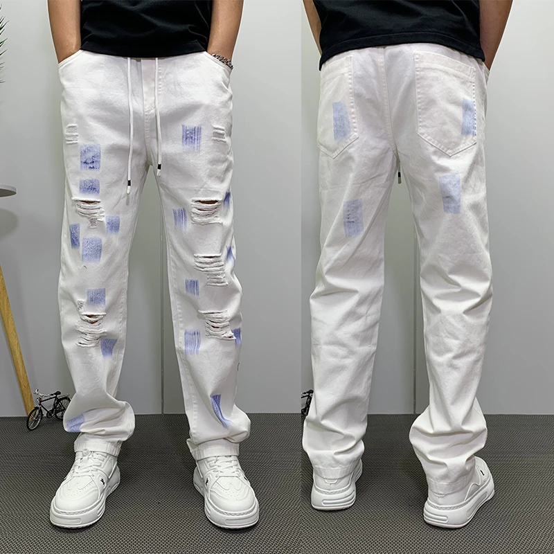 泼墨白色破洞牛仔裤男夏季款潮牌直筒宽松高街美式高腰设计感裤子