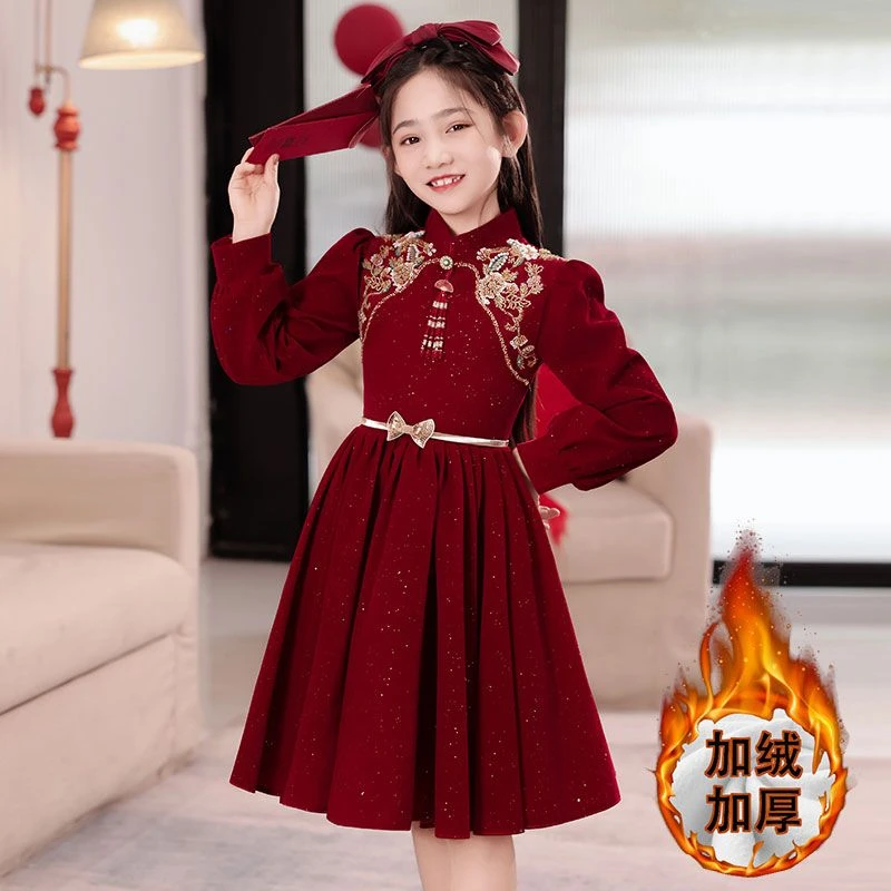 女童加绒连衣裙冬季2025新款中国风儿童公主裙拜年红色过年礼服