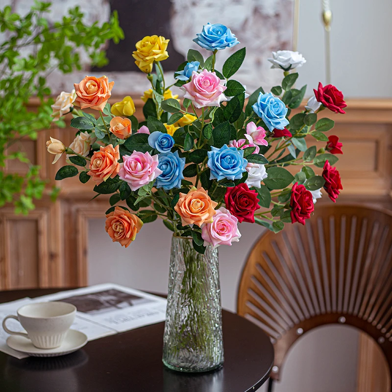 玫瑰花仿真花客厅摆件装饰多色玫瑰花束电视柜餐桌假花插花摆设