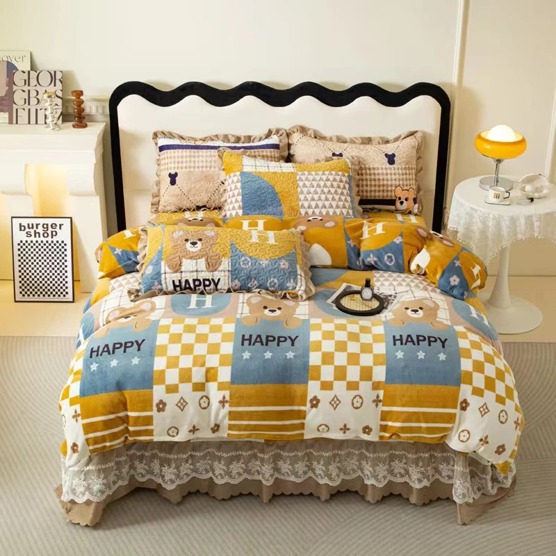 高档蕾丝双面牛奶绒印花四件套秋冬加厚床盖三层夹棉秋冬款