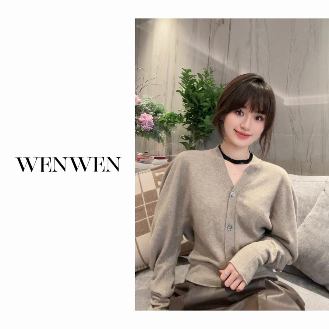 WENWEN/23SS【秋季法式复古月亮袖百搭纯色V领针织开衫】