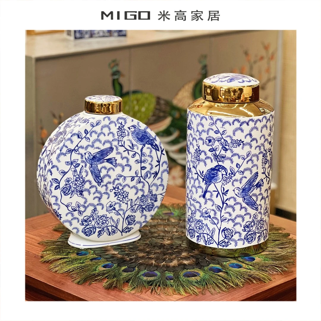 【米高家居】青花瓷家用中式将军罐陶瓷茶叶罐储存罐花瓶家居摆件