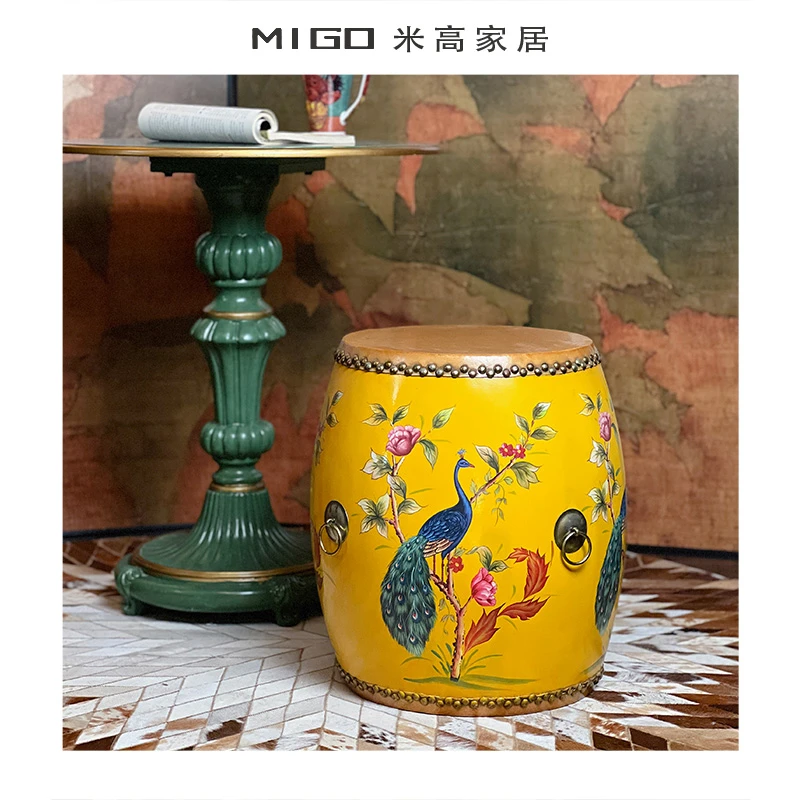 【米高家居】新中式创意牛皮鼓凳彩绘换鞋凳小圆凳