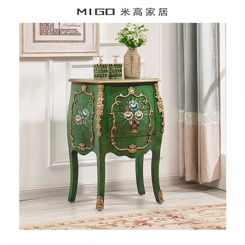 【米高家居】祖母绿两斗柜轻奢手绘植物花卉描金图案储物柜边柜