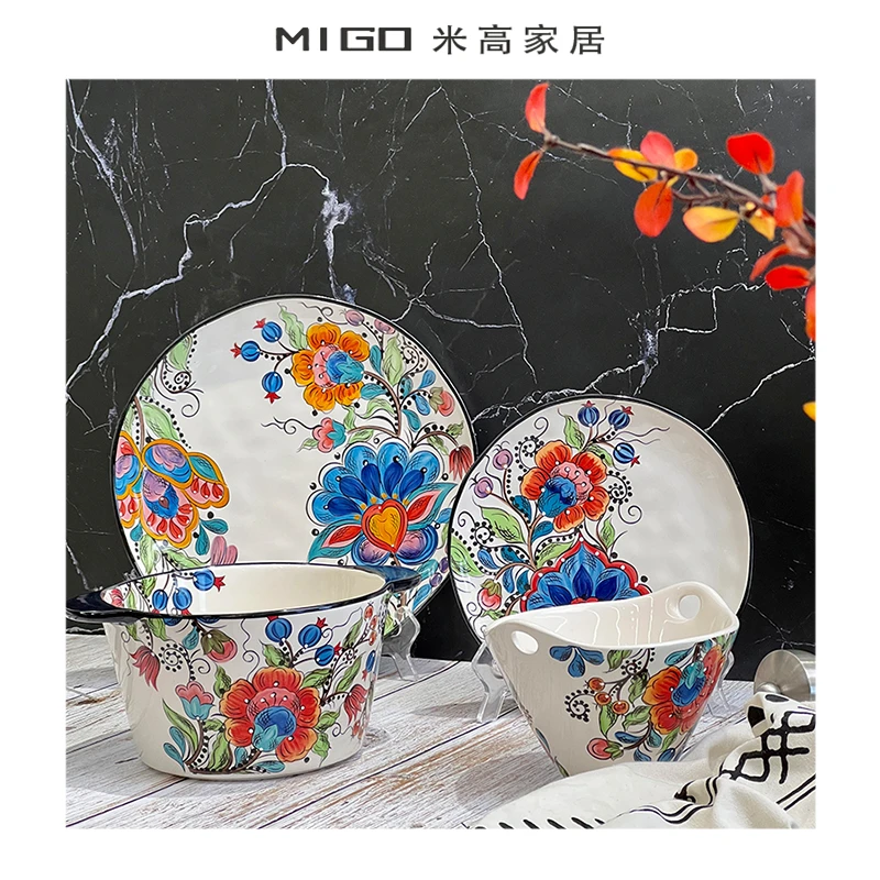 【米高家居】美式乡村手绘花卉陶瓷牛扒碟餐盘菜盘平盘赏盘家居摆件