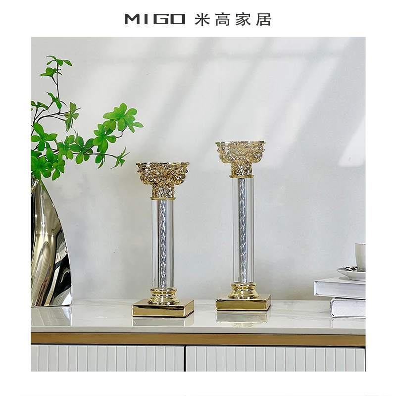 【米高家居】欧式轻奢创意合金水晶罗马柱立体花纹金色烛台家居摆件