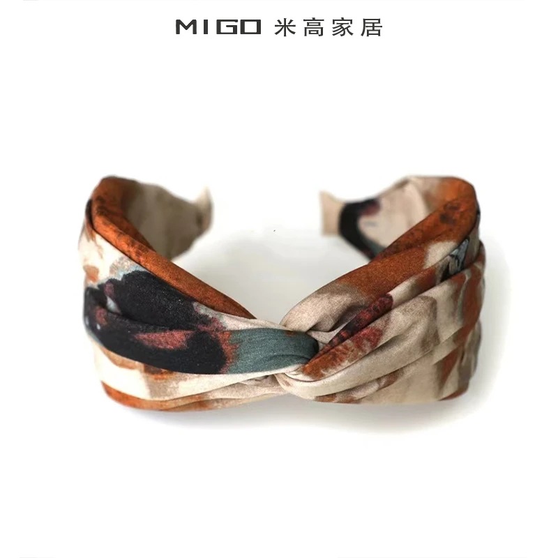【米高家居】韩国艺术油画印花发带布艺咖色系宽边交叉发抽象头箍