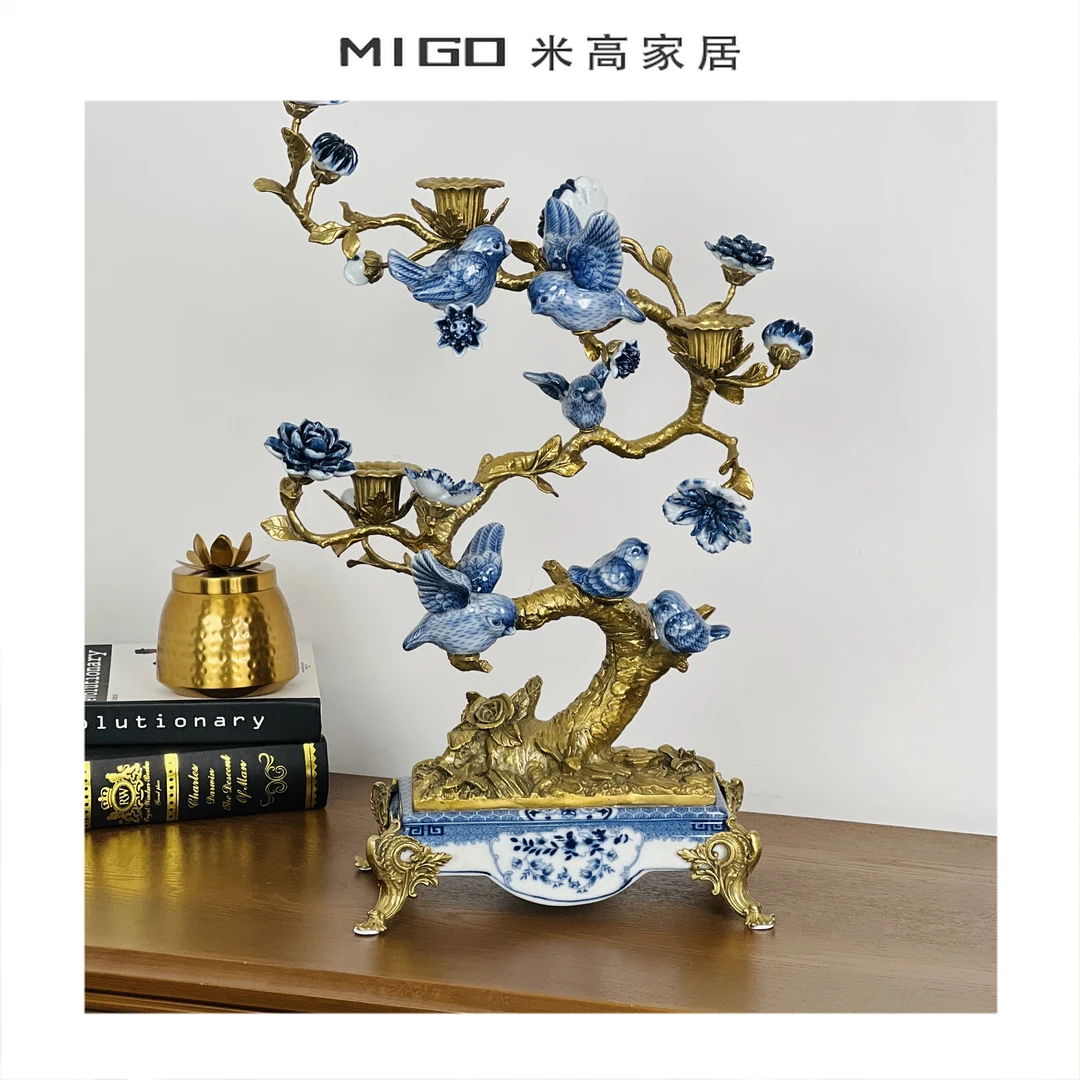 【米高家居】客厅卧室装饰轻高温陶瓷配烛台鹦鹉鹿欧式全铜陶瓷摆件