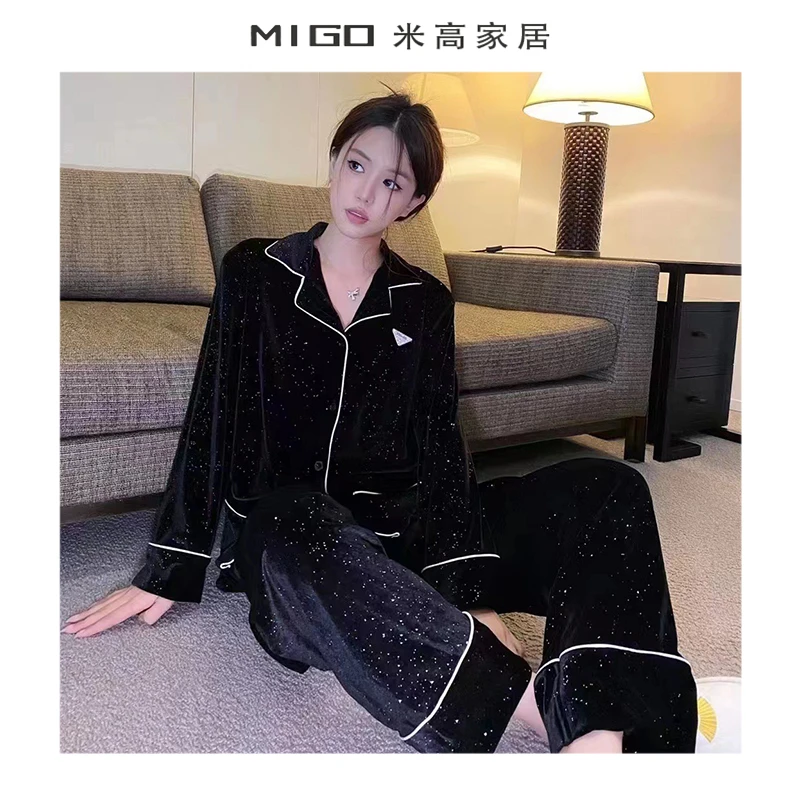 【米高家居】秋冬长袖漫天星空金钻绒睡衣套装金丝绒女家居服两件套