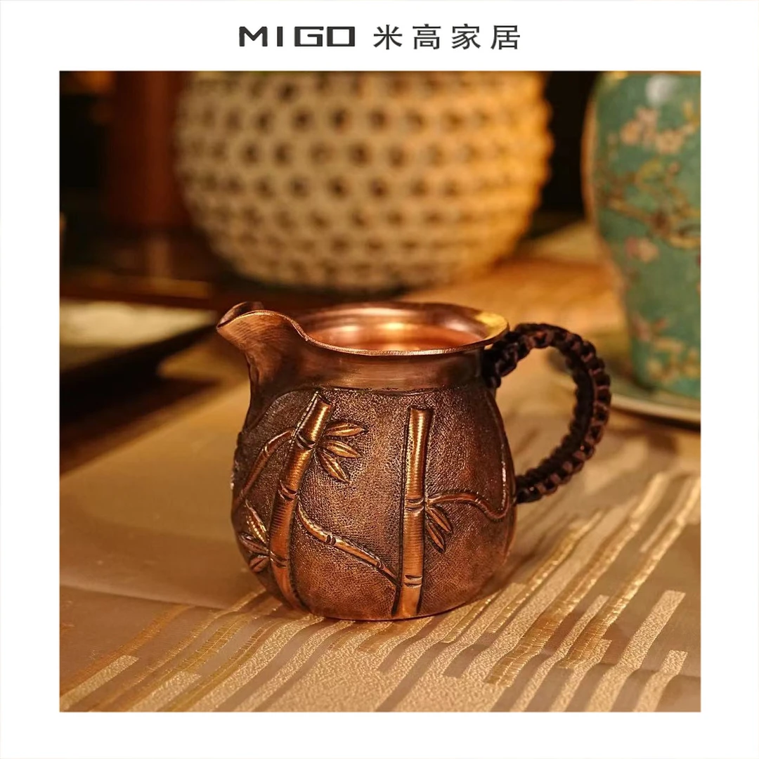 【米高家居】复古手工锤纹紫铜加厚竹叶公杯茶具茶杯