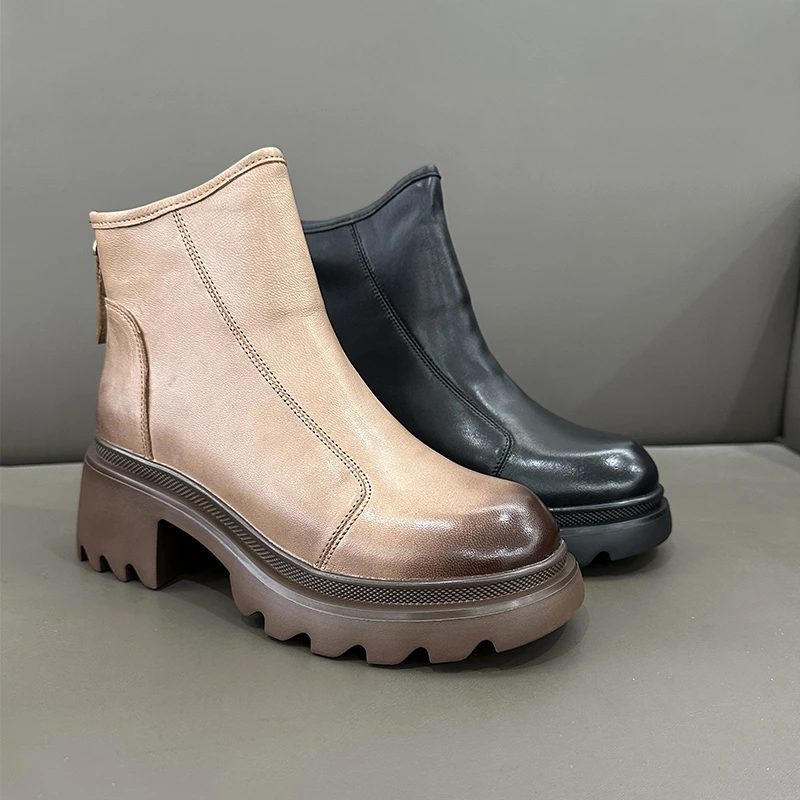 1972-3羊皮短靴女2024春季新款百搭时尚厚底英伦风潮流圆头马丁靴