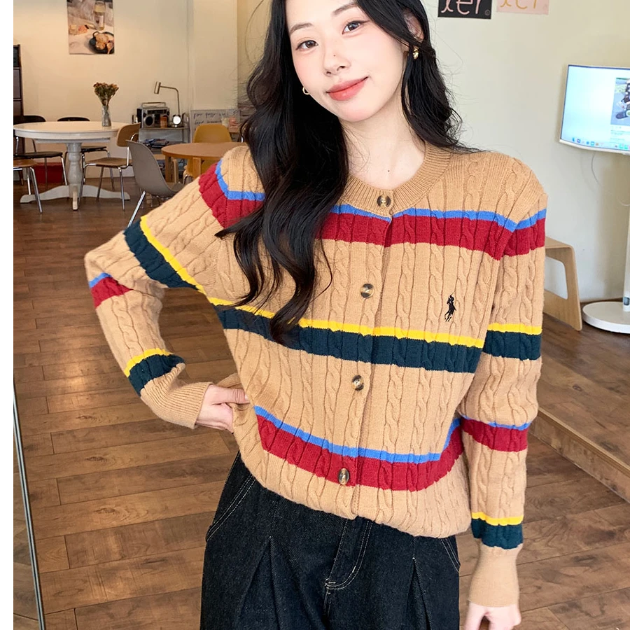 复古麻花撞色圆领针织开衫2024秋冬流行韩系休闲通勤软糯毛衣外搭