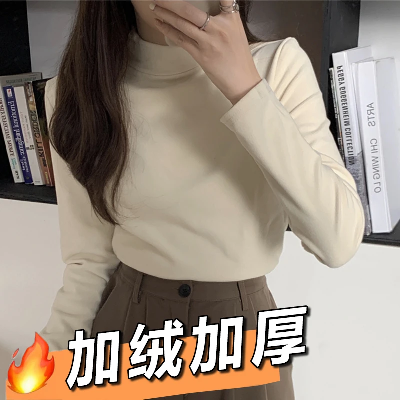 【厂家直销】双面德绒加厚半高领打底衫秋冬2023长袖上衣女内搭修身