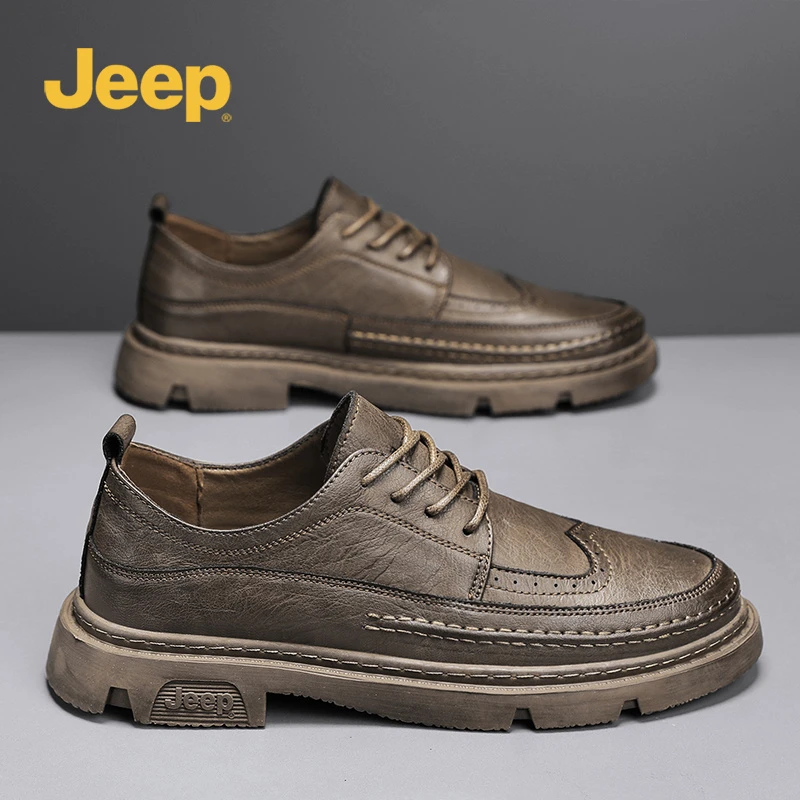 jeep吉普男鞋2025秋季男士黑色商务正装休闲鞋布洛克皮鞋子男款潮
