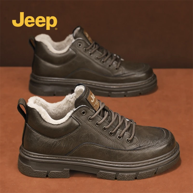 jeep吉普男鞋冬季2025新款加绒保暖雪地棉鞋男士英伦复古休闲皮鞋