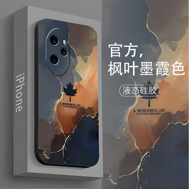 适用荣耀100pro手机壳HONOR100PRO硅胶艺术水墨枫叶男新款时尚防