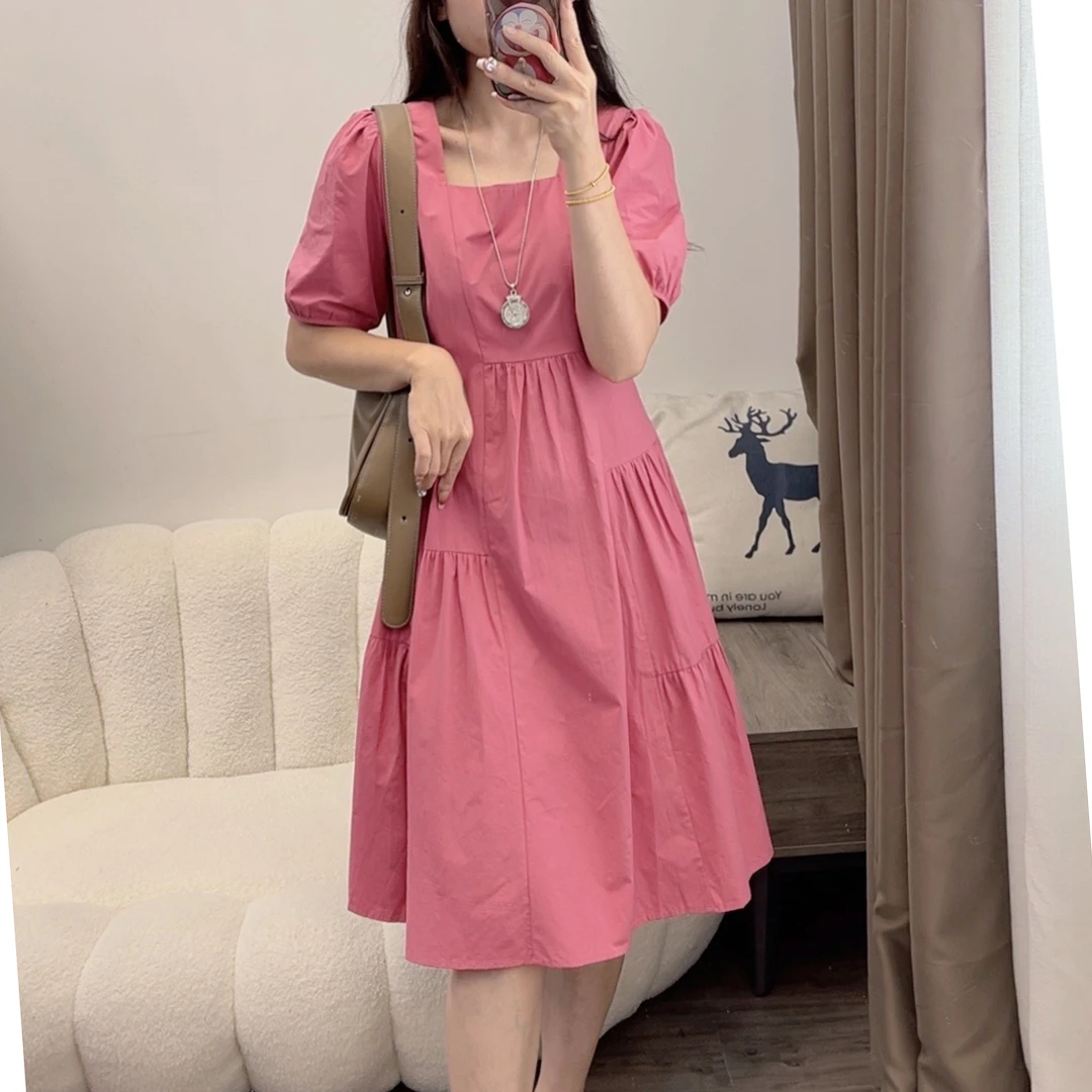 （丽可儿）法式宽松大码夏季卡其色泡泡袖甜美高级感法式连衣裙女