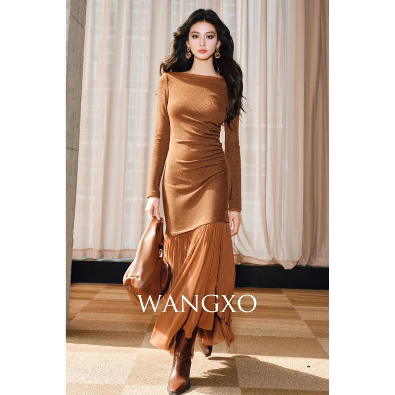 WANGXO 亮丝针织捏褶拼接网纱连衣裙  2401176W